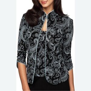 Alex Evenings Mock Neck Black/Teal Sparkle Stretch Formal Tank/Jacket Set Size L